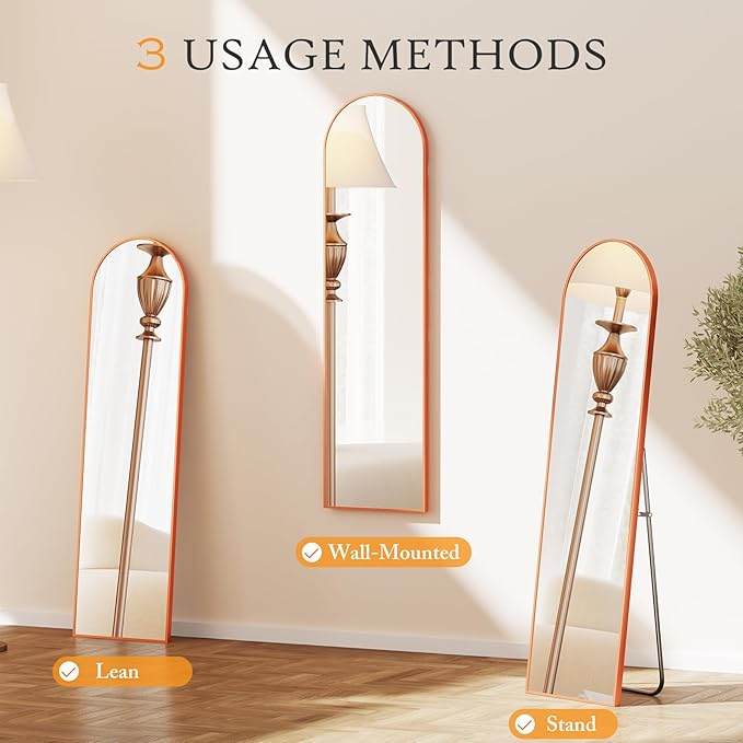 NEWBULIG 59"x16" Arched Full Length Mirror, Full Body Floor Mirror with Aluminum Alloy Thin Frame, Wall or Standing Mirror for Bedroom, Living Room, Dressing Room, Orange