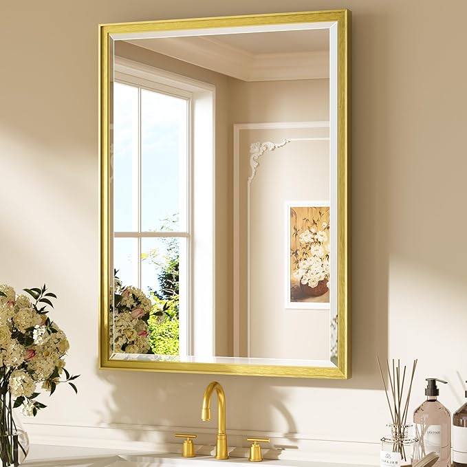Keonjinn 24" x 32" Brushed Gold Bathroom Vanity Mirror, Aluminum Alloy Frame, Beveled Tempered Glass, Shatterproof, Rectangular, French Cleat Wall-Mounted Mirror for Decoration, Entryway, Hallway