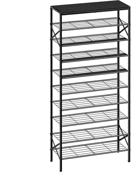 10-Tier Tall Shoe Rack Organizer Shoe Storage for Entryway 30-40 Pairs Metal Shoe Rack for Closet Heavy-Duty Shoe Rack with Wooden Top Shelf for Garage Black