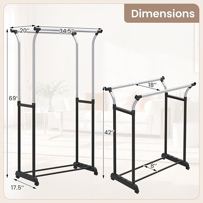 Giantex Double Rod Clothing Rack, Portable Garment Clothes Rack with Adjustable Height & Wheels, Heavy-Duty Metal Rolling Wardrobe Rack for Bedroom, Laundry, Dressing Room