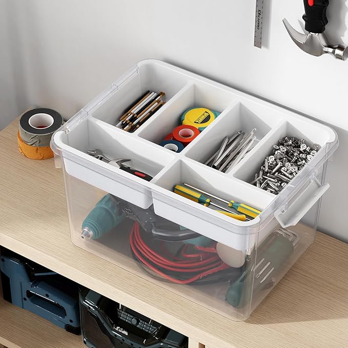 20Qt Stackable Storage Bin with Lid & Tray, Clear Plastic Latching Box Organizer with Divider Portable 5Gal Container for Arts & Crafts, Home and Car Trunk Organization, 1Pack