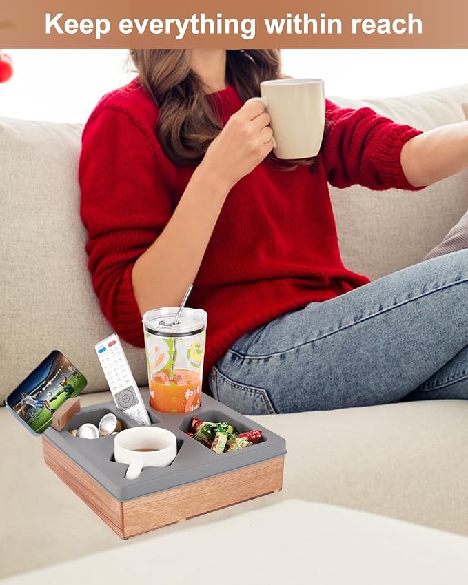 Couch Cup Holder Tray, Silicone Wooden Couch Caddy with Cup Holder for Snacks, Drinks, Remotes, Waterproof Cup Holder for Couch, Organizer, Couch Drink Holder, Sofa Cup Holder
