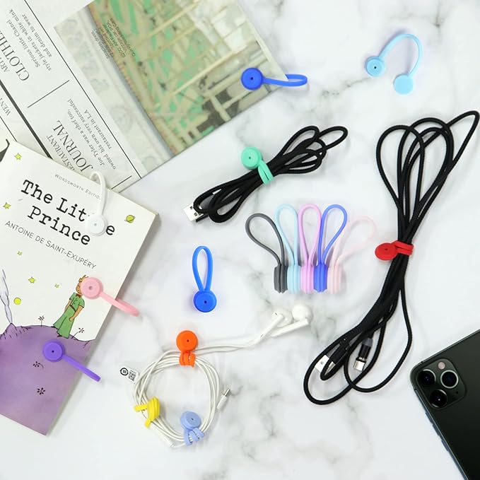 6 Pack Reusable Silicone Magnetic Cable Ties,Magnetic Cable Clips for Bundling and Organizing Headphone Cables,USB Charging Cords, Hanging & Holding,Stitching Fabric Magnetic Twist Ties