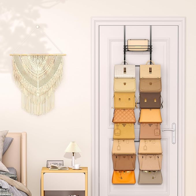 SWTYMIKI Over the Door Purse Organizer - Wall Mounted Handbag Organizer with 16 Hooks and Metal Basket, Hanging Purse Storage Rack Holds up to 16 Bags, Bag Rack Can Use As 1/2 Part, for Door, Closet
