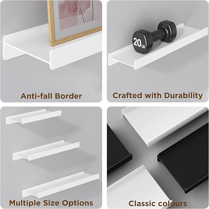Floating Shelves for Wall, Wall Mounted Shelves with Lip for Storage, Metal Display Shelves for Home Decor, Kitchen/Living Room/Bedroom/Bathroom Shelf, White 12 inch 1 Pack