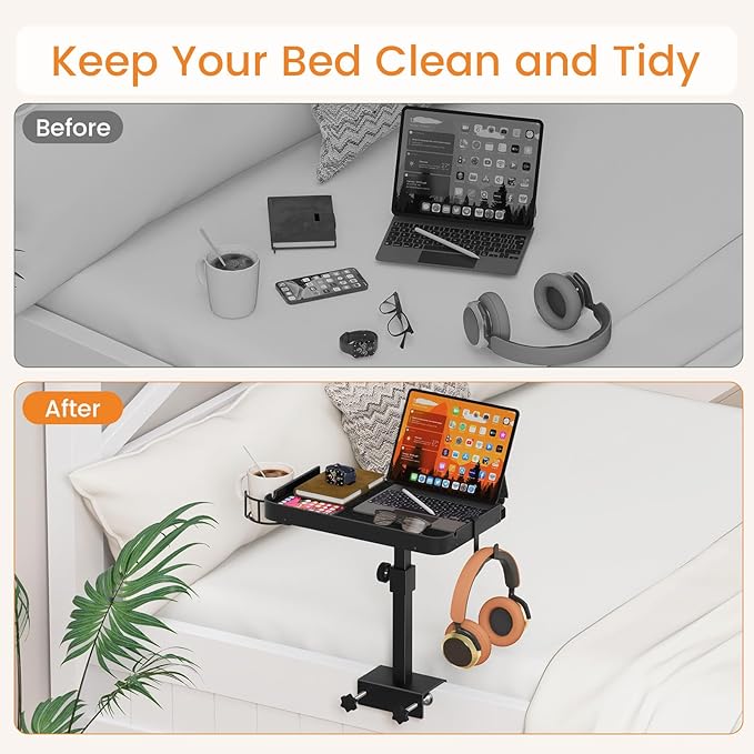 Snughome Clamp On Bedside Shelf for Bunk Bed - Adjustable Height Bedside Table Tray with Cup Holder & Cable Holes, Sturdy Nightstand Organizer Top Bunk Bed Accessories for College Dorm Apartment