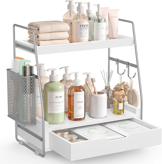2-Tier Bathroom Counter Organizer with Drawer and Removable Basket, Wood Vanity Countertop Storage for Perfume, Makeup, Skincare, Bathroom Counter Shelf, Moisture-Resistant, Silver