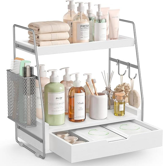 2-Tier Bathroom Counter Organizer with Drawer and Removable Basket, Wood Vanity Countertop Storage for Perfume, Makeup, Skincare, Bathroom Counter Shelf, Moisture-Resistant, Silver