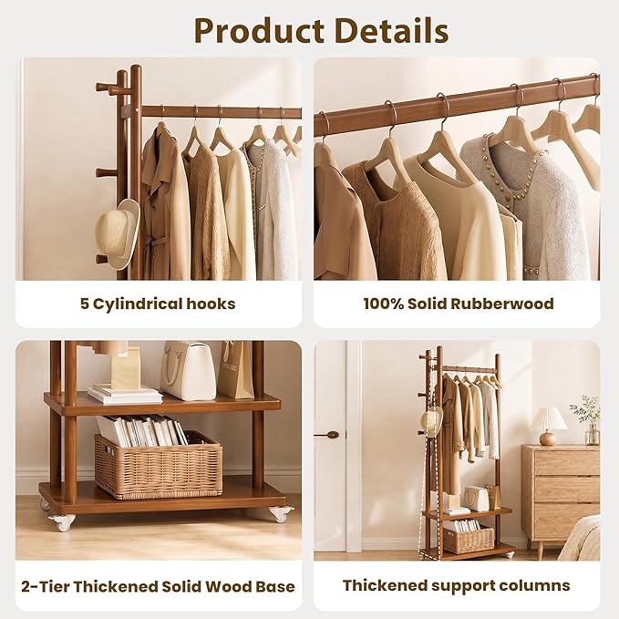 Taitiy Coat Rack Freestanding Clothing Rack with Wheels, Coat Tree Freestanding Heavy Duty with 2 Storage Shelves and 5 Hooks, Wood Garment Rack for Corner Bedroom Hallway Entryway Living Room Hotel