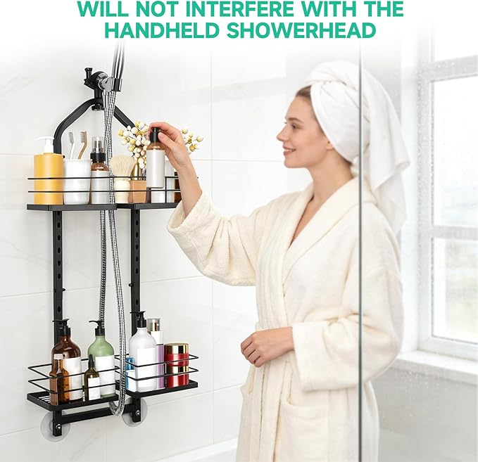 Shower Caddy Hanging for Handheld Showerheads Adjustable Hagging Shower Caddy, Stainless Steel Hose Hanging Shower Organizer 4 Levels Height Shower Rack（black