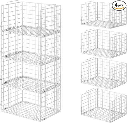 4-Tier Stackable Closet Organizers and Storage Basket - Foldable Closet Shelf Organizer System, Sturdy Metal Space-Saving Clothes Storage Bins for Wardrobe, White