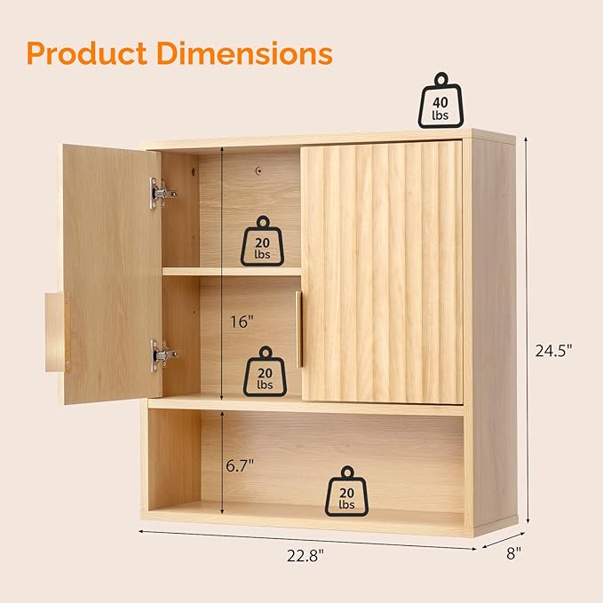 VINGLI Bathroom Wall Cabinet with Fluted Doors, Natural Oak Wall Mounted Medicine Cabinet with Adjustable Shelf, Over The Toilet Storage Cabinet for Bathroom, Kitchen & Laundry Room