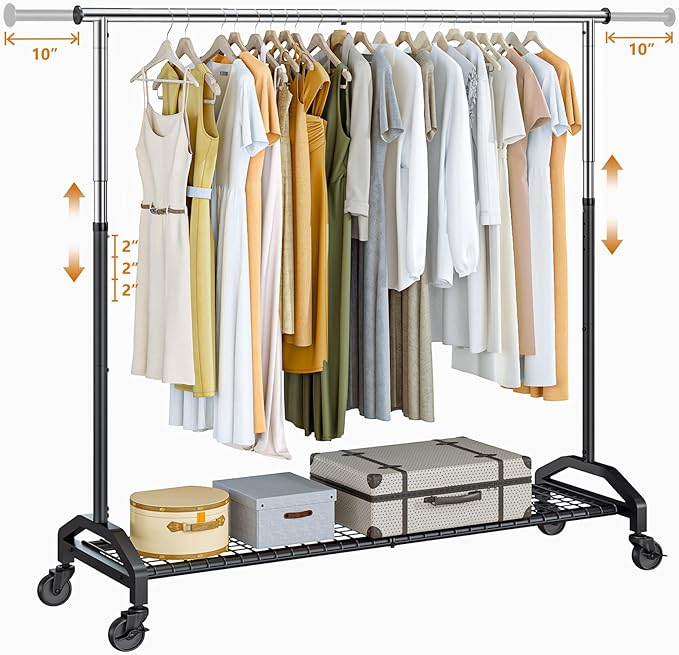 Wiracks Heavy Duty Clothes Rack for Hanging Clothes Extendable Rolling Clothing Rack for Hanging Clothes 350lbs Chrome 51 to 71" W x 16.53" D x 65" to 71" H 3" Industrial Wheels