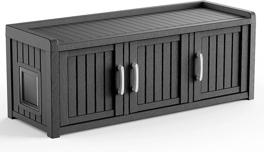 3 Doors Shoe Storage Bench - 2 Side Door Hidden Furniture Cabinet with Storage, Waterproof Entryway Bench with Seat for Indoor Outdoor, End of Bed Footrest Stool for Bedroom, Hallway, Black