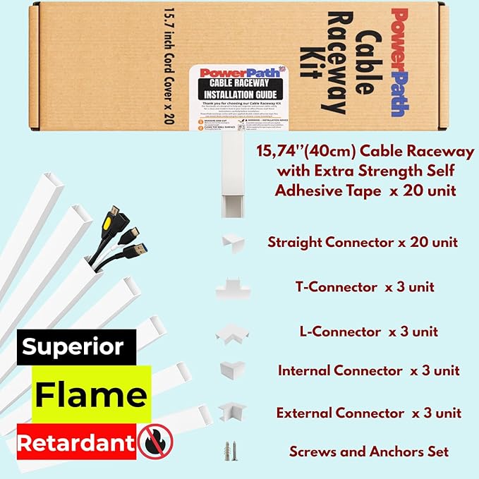 Cable Management Kit | 20 Pack x 15.7” PVC Wire Hider with Connectors | T & L Corners | Inside & Outside Corners | Screws | Paintable Wall Cord Cover for TV, Home & Office | Home Office Essentials