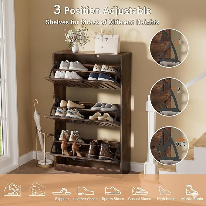 Shoe Storage Cabinet for Entryway with 3 Flip Drawers, Wooden Shoe Organizer with Adjustable Shelf, Freestanding Wood Fluted Panel Shoes Cabinet Closed Shoe Rack for Hallway, Foyer, Walnut