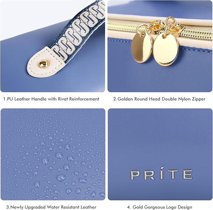 Prite Makeup Bag for Women Travel Waterproof Vegan Leather Cosmetic Bag Open Flat Toiletry Bag With Clear Divider and Handle (Blue, Medium)