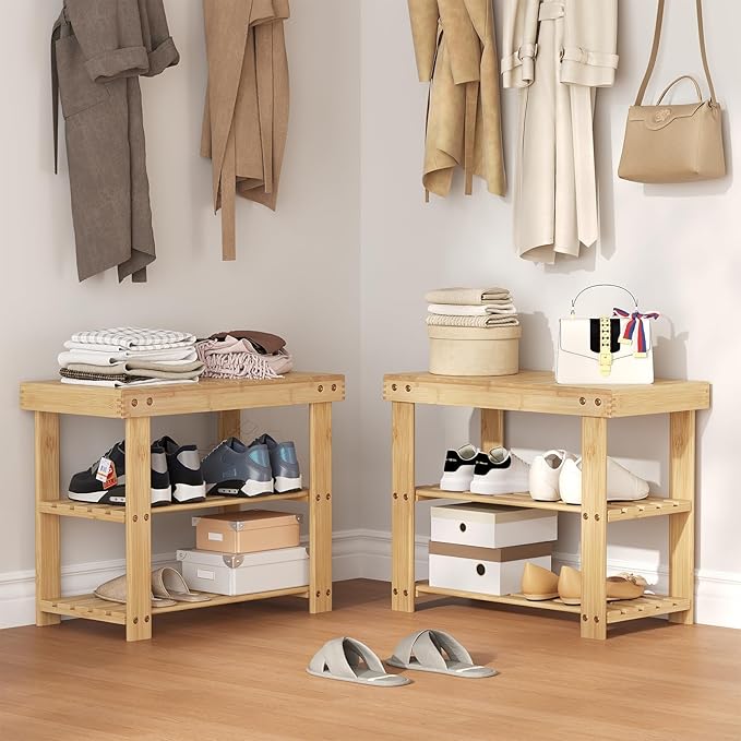 NEWBULIG Shoe Rack Bench, 3-Tier Bamboo Shoe Organizer, Wooden Entryway Storage Bench, 286 lb Load Capacity, 11.2x19.7x17.9 Inches, for Entryway Bathroom Bedroom Balcony, Wood