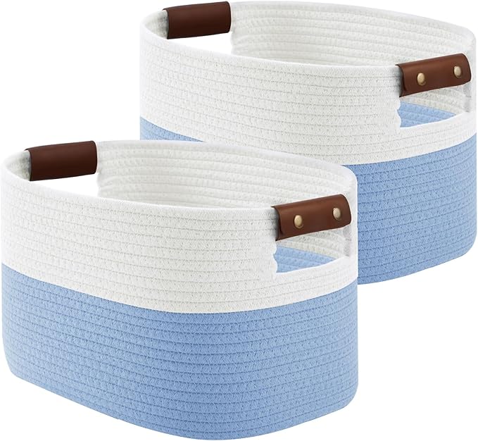 ECDYQXVU Cotton Rope Basket, Storage Baskets with Handle, 15x10x9 Inch Woven Basket for Shelves, Laundry, Towels, Clothes, Books (White/Blue 2Pack)
