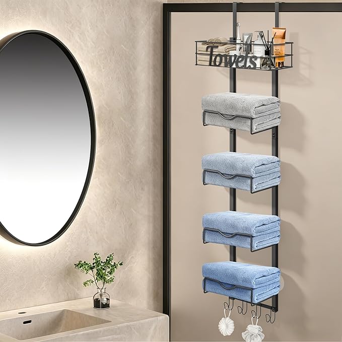 Over The Door Towel Racks, No Drill Towel Storage with Basket & Hooks, Space-Saving Multi-Functional Towel Holder for Bathrooms, bedrooms, Apartments, RVs (Matte Black, 6 Tier)