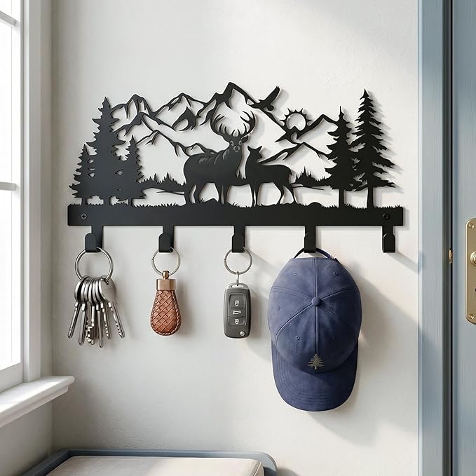 Metal Key Holder Wall Mount, Rustic Cabin Key Rack Hooks, Woodland Wildlife Wall Art Organizer for Entryway, Kitchen, Hallway, Garage, Farmhouse Home Decor & Housewarming Gift (Deer Mountain)