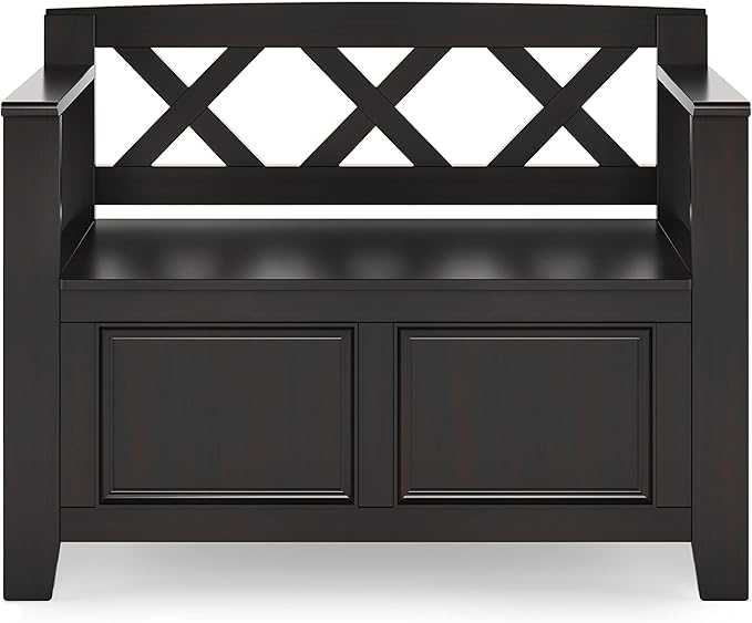 SIMPLIHOME Amherst Entryway Storage Bench - 36 inch Wide Solid Wood Hallway Bench in Hickory Brown, Transitional Bench for Entry or Mudroom with Lift-Up Lid, Storage Compartments and X-Back Detail