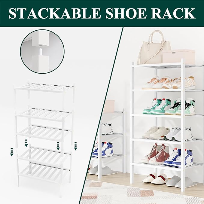 Smiry Small Bamboo Shoe Rack, 5 Tier Free Standing Wooden Shoe Organizer, Stackable Wood Shoe Storage Shelf for Closet, Entryway, 12 Vertical Slats, 2+2+1 Stack Standard Legs, 17.3"x11"x32.5", White