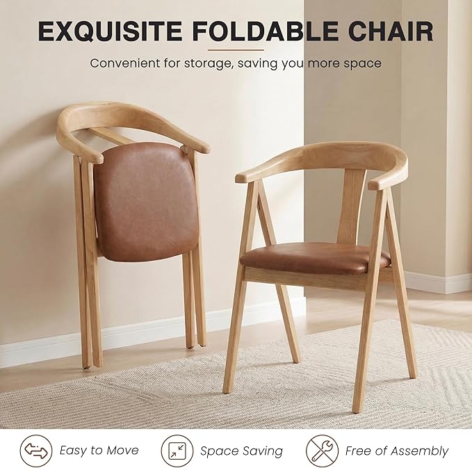 HNY Wooden Folding Chair with Cushion Set of 4, PU Leather Foldable Dining Chairs Folding Event Chair, Portable Space-Saving Accent Chair for Kitchen Dining Living Room Small Spaces, Brown