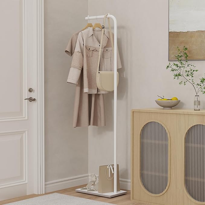 Metal Garment Rack, Coat Rack with Base, Stable Coat Tree Suitable for Bedroom, Hallway, Entrance, for Hats, Coats, Scarves, 70.8 Inches High, White