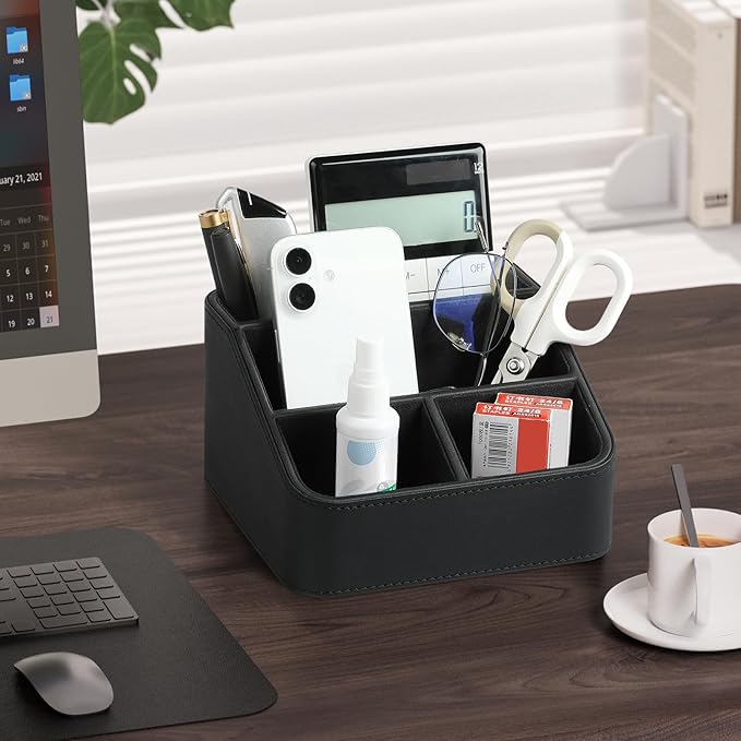 Remote Control Holder, PU Leather Small Desk Organizer with 4 Compartments, Nightstand Organizer Office Desk Accessories Desk Caddy for Countertop Bedside End Table (Black)