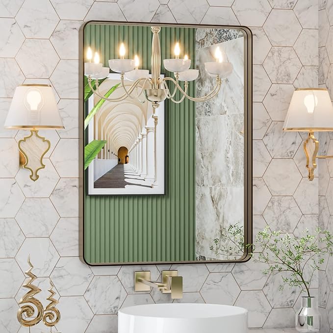 LOAAO 20”X30” Bronze Bathroom Mirrors for Vanity, Rounded Rectangle Brushed Bronze Metal Frame Mirror, Anti-Rust, Hangs Horizontally or Vertically