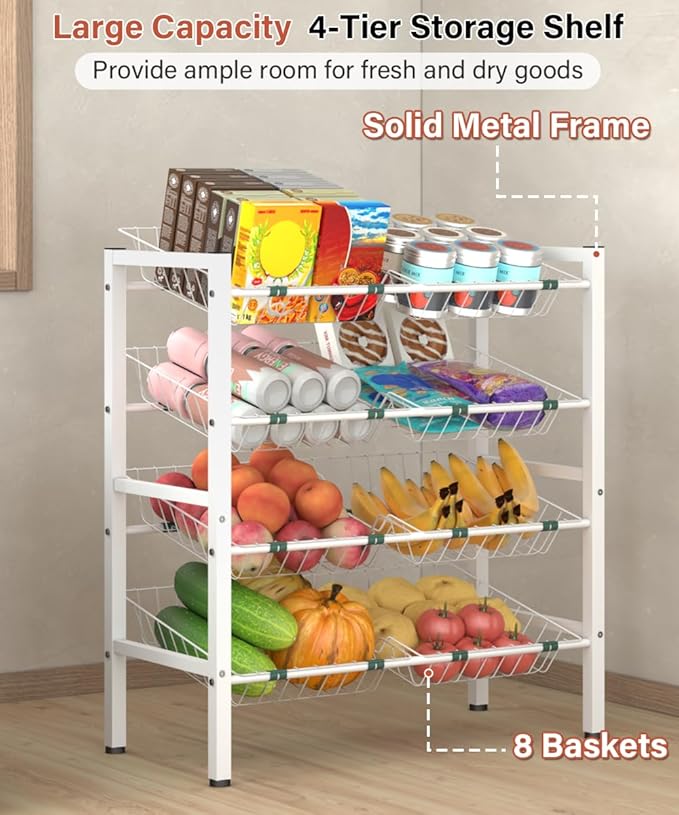 4-Tier Kitchen Storage Rack, Metal Pantry Storage Stand, Fruit Basket Stand with 8 Fruit Vegetable Baskets, Freestanding Snack Organizer Shelf Unit for Living Room, Office, Apartment, White