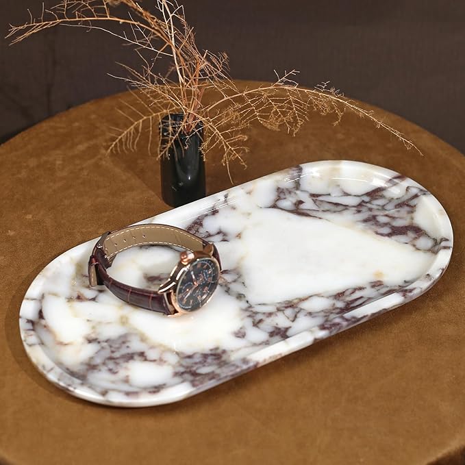 DUANYAN Natural Marble Tray, Coffee Table, Food, Fruit, Paper Cup, Cake Display, Coffee bar, Family Gatherings, Seasonal Holiday Decoration Tray(Viola-oval-11 x5 x0.7)