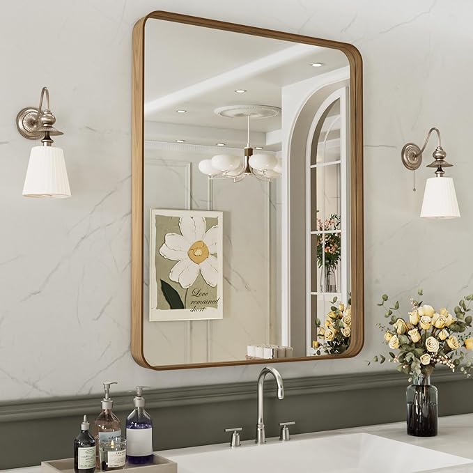 LOAAO 24X32 Inch Bathroom Mirror with Wood Grain Colored Metal Frame, Rounded Rectangle Metal Framed Bathroom Mirror, Anti-Rust, Hangs Horizontally or Vertically
