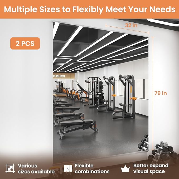 LOAAO Home Gym Mirror, 79"x32"-2 PCS Gym Mirrors for Wall, Frameless, Tempered Glass, Large Workout Mirrors for Home Gym, Dance Studio, Yoga Room, Garage Gym