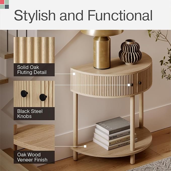 Stead Fluted Half Moon Shaped Console Table, Small Entry Desk, Living Room Furniture, Modern Home Decor, Solid Wood Entryway Table with Two Doors and Black Knobs (Natural Oak)