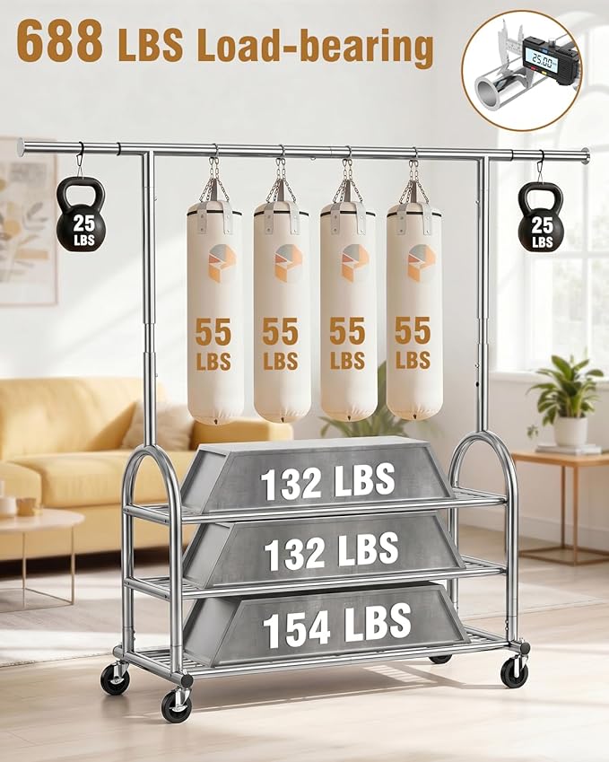 EAGMAK Heavy Duty Clothes Rack for Hanging Clothes Load 688 LBS, Height Adjustable Rolling Clothing Racks, Portable Metal Coat Rack Garment Wardrobe with Wheels and 3 Shelves for Bedroom, Silver