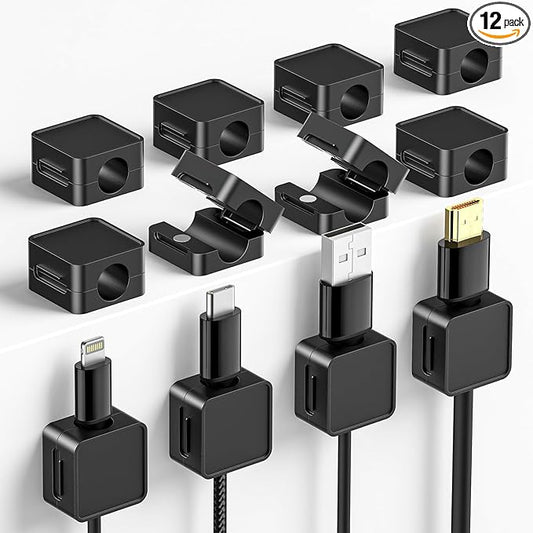 12 Pack Magnetic Cord Organizer Cable Clips, Compact Desk Cable Management Clips, Adhesive Cord Holder for Desk, Wire Organizer Holders for Nightstand, Home, Office Accessory, Car, Wall, Black