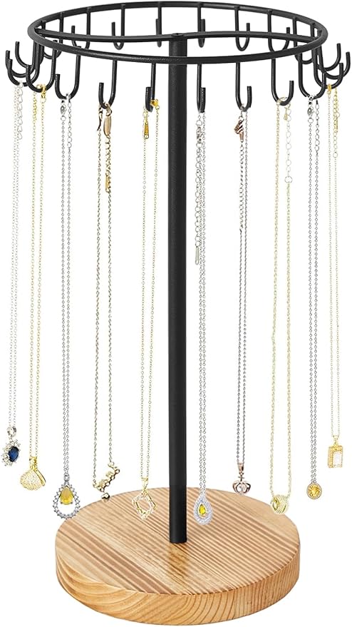 Mkono Necklace Holder Metal Jewelry Display Stand Necklace Organizer with 22 Hooks for Storage and Hanging Bracelet Keychain Home Room Decor for Women,Wood