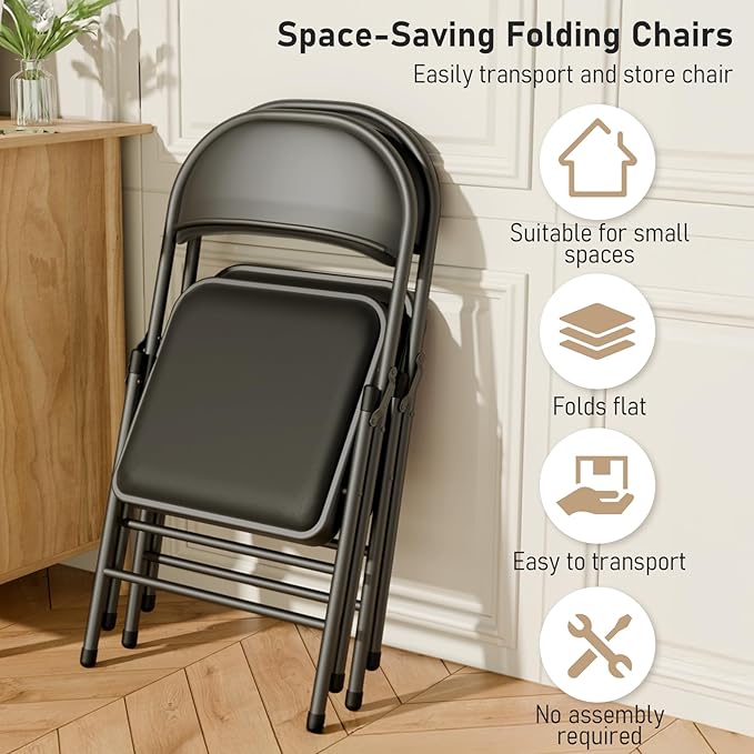 18 Pack Black Folding Chairs with Padded Cushion and Back for Outside Portable Stackable Commercial Foldable Chairs with Steel Frame for Events Office Wedding Party, 350lbs Capacity