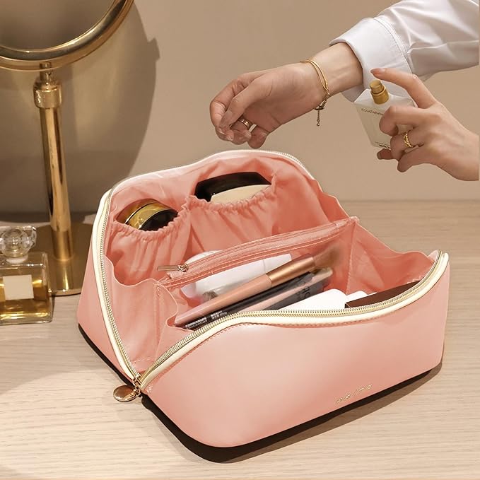 Prite Makeup Bag for Women Travel Waterproof Vegan Leather Cosmetic Bag Open Flat Toiletry Bag With Clear Divider and Handle (Pink, Large)