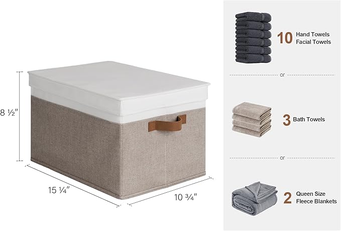StorageWorks Fabric Storage Bins with Lids, Decorative Storage Bins with PU Handles, Foldable Storage Baskets for Closet, Shelves, Stackable and Sturdy Organization, Brown and White, Large, 3-Pack