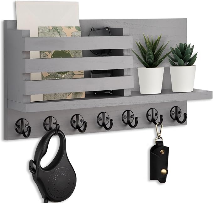 Lwenki Key Holder for Wall – Decorative Wooden Mail Holder and Key Shelf with Mounting Hardware, Installation Guide – Paulownia Wood with Metal Key Hooks (Gray, Extra Large - 15.6inch)