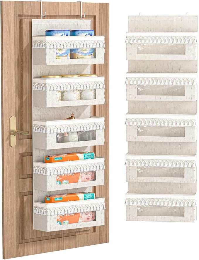 Aokeyee 5 Tier Over The Door Organizer Storage Nursery, Boho Door Organizer Hanging with Tassels and Clear Window, 65lb Behind The Door Storage for Baby Nursery, Bedroom, Bathroom
