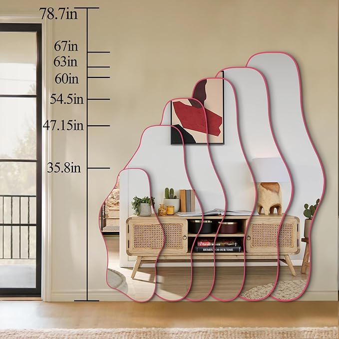 Irregular Tempered Glass Mirror, 47.2"x24" Pink Asymmetrical Aesthetic Wall Mirror, Modern Organic Shape Frameless Mirrors for Living Room Hallway Entryway, Horizontal or Vertical Hanging