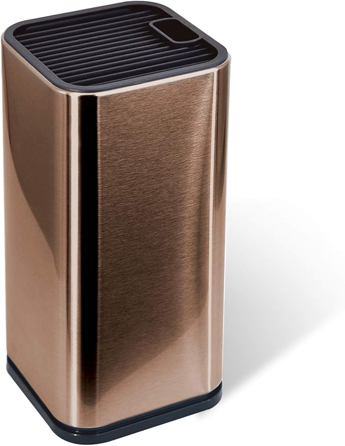 Rose Gold Stainless Steel Universal Knife Block Holder with Slots for Scissors or Sharpening Rod, Space Saver Knife Storage, Detachable for Easy Cleaning, Square Knife Holder For Safe