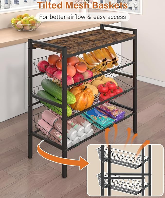 Kitchen Fruit and Vegetable Storage Rack, 4-Tier Fruit Basket Stand, Freestanding Snack Display Organizer Shelf, Small Kitchen Island with Wood Top for Pantry, Office, Living Room, Black