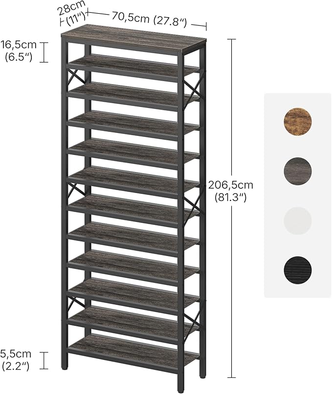 YATINEY 12-Tier Tall Shoe Rack Organizer, Wooden Shoe Storage for Closet Holds 48 Pairs, Sturdy Shoe Shelf with X-Shaped Metal Support, for Entryway, Bedroom, Charcoal and Black SS212BC