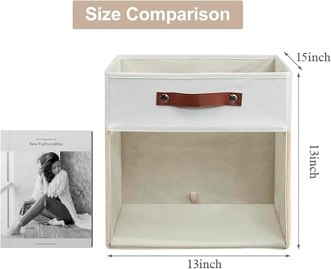 Bagnizer Storage Cubes, 4 Pack Linen Foldable Storage Bins with Clear Window and 2 Handles, 13x15x13 Storage Cube Bins for Shelf Closet, Kallax, Clothes, Books - (Beige / Off-White)