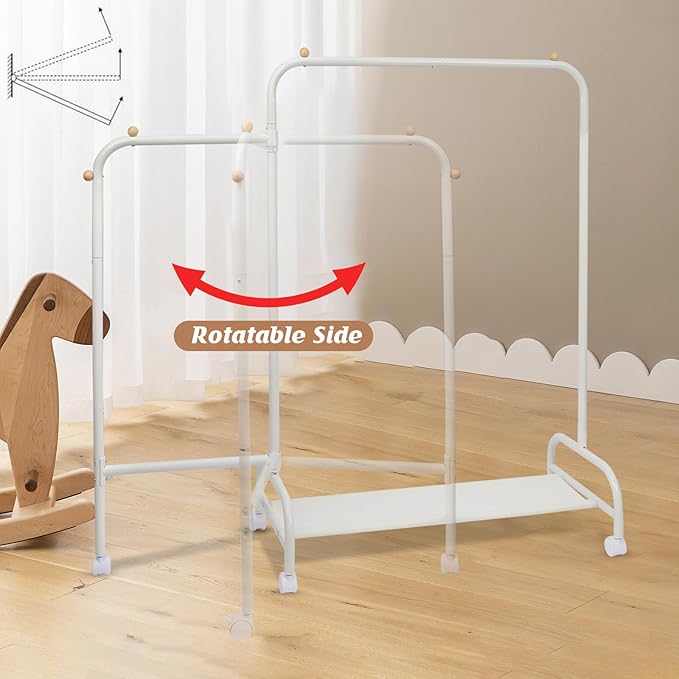 YGJT Multifunctional Kids Clothing Rack, Baby Garment Rack for Hanging Clothes with Wheels and Bottom Storage Shelf, Small Clothes Rack Dress Up Storage Rack for Coats, Skirts, Costume(Single)
